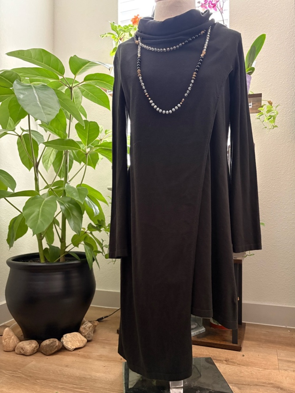 Classic Black Long-Sleeve Cowl Neck Asymmetrical draped panels, 80% Viscose NWOT